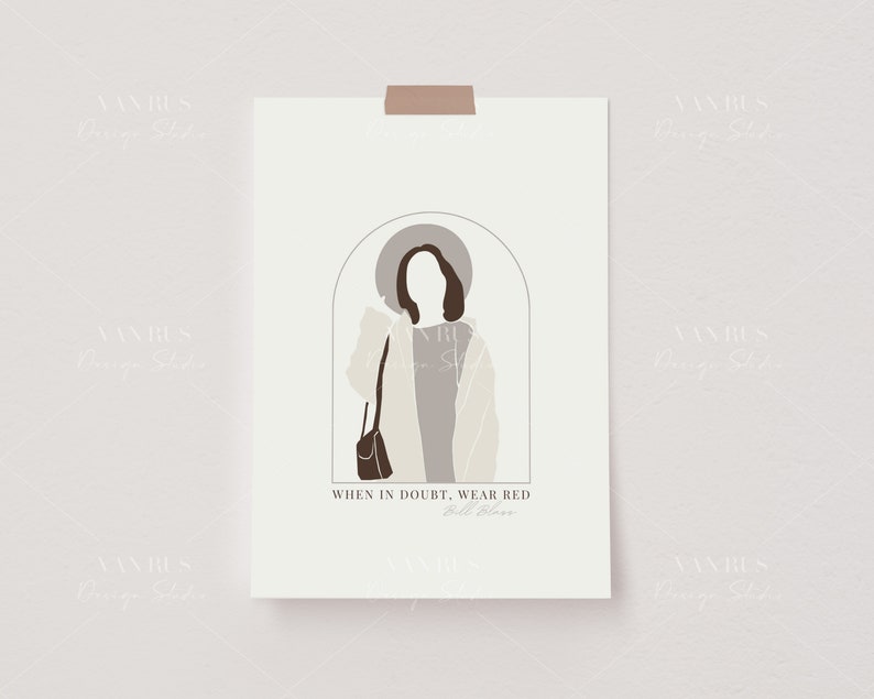 May include: A minimalist illustration of a person wearing a brown coat and a hat, with the text "WHEN IN DOUBT, WEAR RED" and the signature "Elle Woods" below.