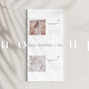 Mockup del calendario / Calendario a spirale bianca Mockup quadrato / Modello di pianificatore semplice / Display fisso del calendario moderno / JPG PSD Smart Object / H80