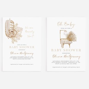 May include: Two baby shower invitations with a boho theme. The invitations are beige with gold text and illustrations. The first invitation features a teddy bear in a wicker chair with pampas grass and a monstera leaf. The second invitation features a crib with a mobile and pampas grass. Both invitations say "Oh Baby" and "Join us for a Baby Shower".