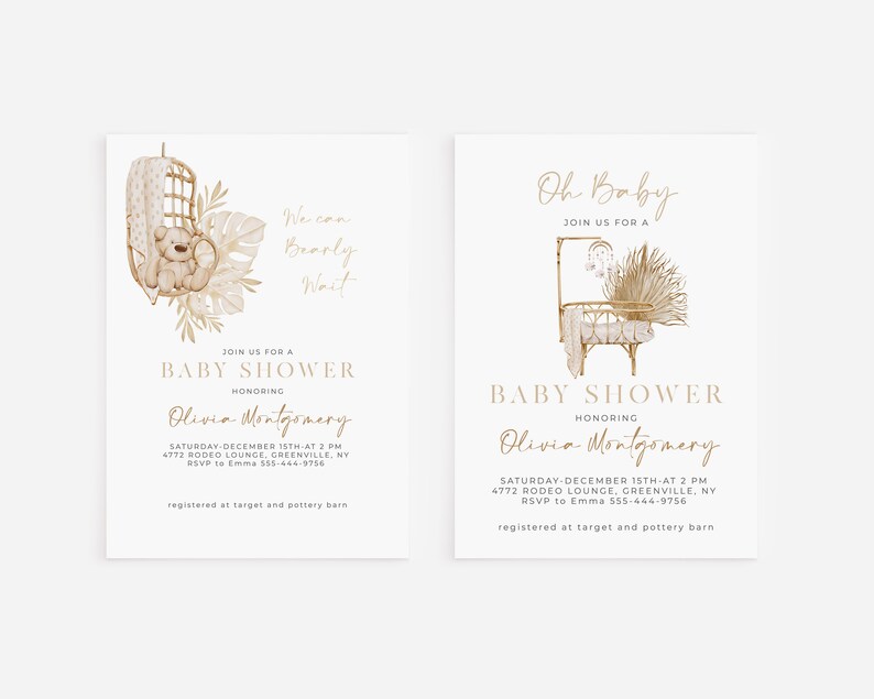 May include: Two baby shower invitations with a boho theme. The invitations are beige with gold text and illustrations. The first invitation features a teddy bear in a wicker chair with pampas grass and a monstera leaf. The second invitation features a crib with a mobile and pampas grass. Both invitations say "Oh Baby" and "Join us for a Baby Shower".
