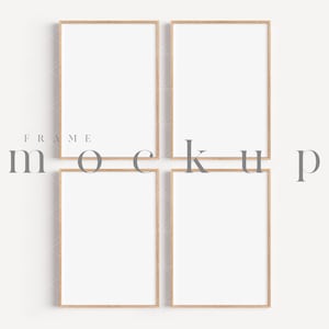 May include: Four rectangular picture frames with light wood-colored borders are arranged in a square formation. The frames have white interiors, and the word "FRAME" and the word "mockup" are printed in gray letters.