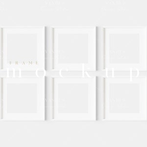 Puede incluir: Seis marcos de fotos blancos dispuestos en una cuadrícula en una pared blanca. Los marcos son todos del mismo tamaño y tienen un diseño simple y moderno.