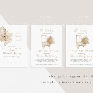 May include: Three baby shower invitations with a white background and gold text. The invitations feature a watercolor illustration of a crib with a teddy bear and a mobile. The text on the invitations reads "Oh Baby! Join us for a Baby Shower honoring Olivia Montgomery. Saturday, December 15th at 2 PM. 4772 Rodeo Lounge, Greenville, NY. RSVP to Emma 555-444-9756. Registered at Target and Pottery Barn."