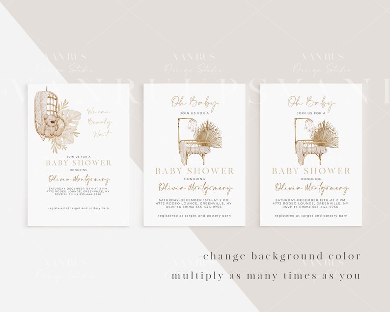 May include: Three baby shower invitations with a white background and gold text. The invitations feature a watercolor illustration of a crib with a teddy bear and a mobile. The text on the invitations reads "Oh Baby! Join us for a Baby Shower honoring Olivia Montgomery. Saturday, December 15th at 2 PM. 4772 Rodeo Lounge, Greenville, NY. RSVP to Emma 555-444-9756. Registered at Target and Pottery Barn."