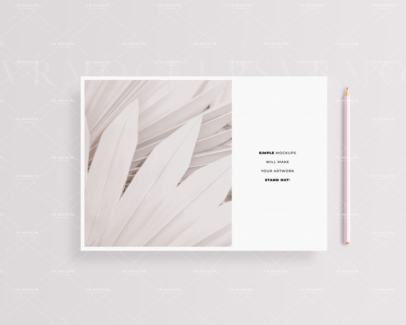May include: A white card with a white and gray abstract image on the left side and text on the right side that reads "SIMPLE MOCKUPS WILL MAKE YOUR ARTWORK STAND OUT!" A pink pencil is on the right side of the card.