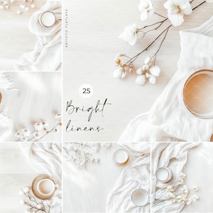 Op de afbeelding: Een verzameling van 25 heldere linnen flatlays met witte linnen, witte bloemen en keramische bekers. De tekst "25 Bright Linens" wordt in het midden van de afbeelding weergegeven.