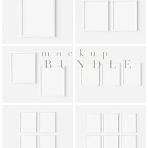 May include: White 11x14 inch picture frames arranged in various layouts. The image displays a mockup bundle with 6 layouts and 18 frames. Text at the bottom reads "6 LAYOUTS 18 FRAMES JPG PNG PSD".