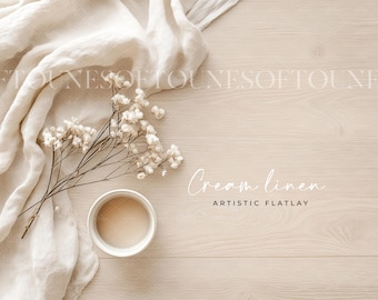 Boho Cream Linen Flatlay Mockup: Artistic Product Display (JPG Digital Download)