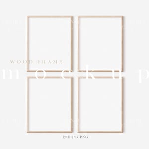 May include: Four natural wood picture frames arranged in a square formation on a white background.  The frames are empty and ready for your photos or artwork.  The text "WOOD FRAME MOCKUP" is printed in the center of the image.