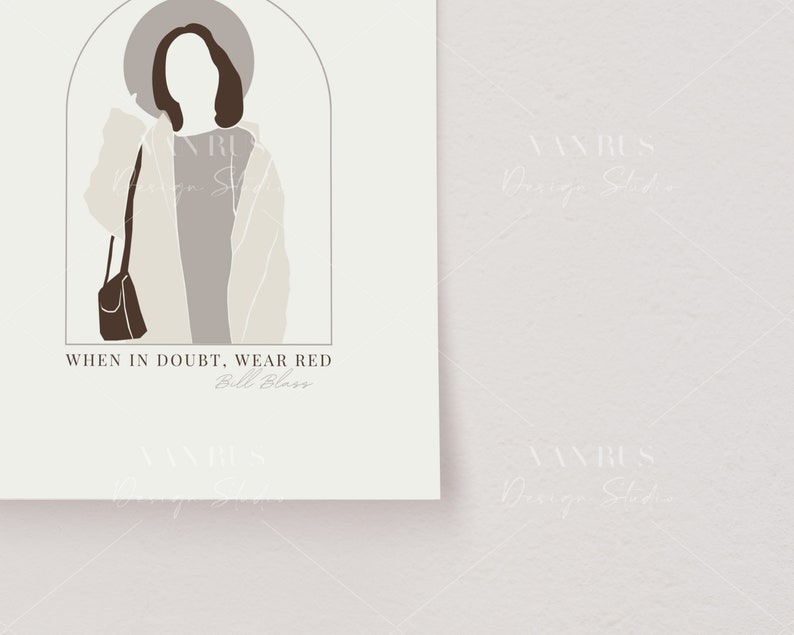 May include: A minimalist illustration of a person wearing a beige coat and a brown bag, with the text "WHEN IN DOUBT, WEAR RED" and "Bill Blass" below.