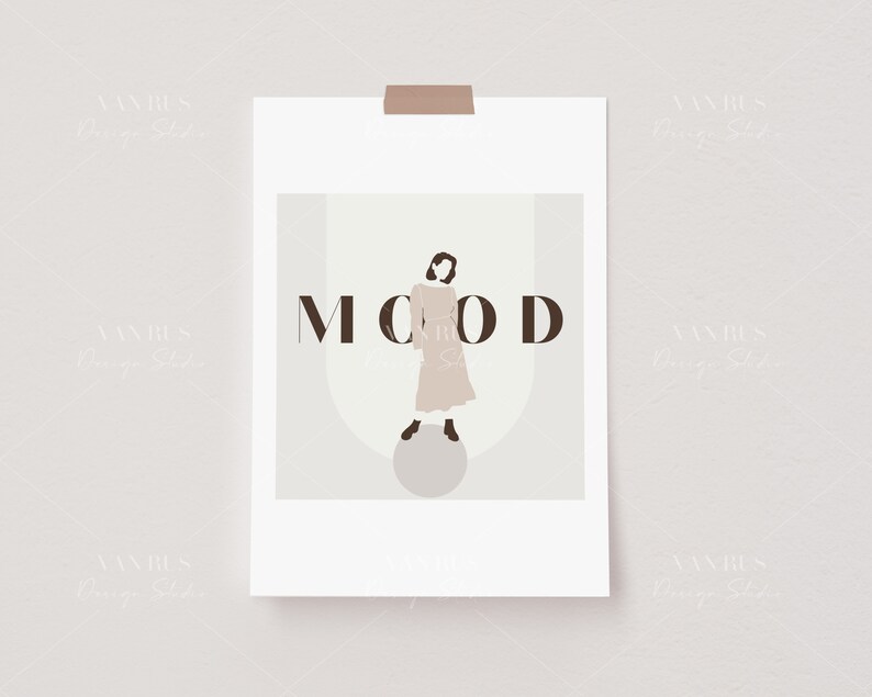 May include: A minimalist art print featuring a woman in a beige dress standing on a circle. The word "MOOD" is written in brown text above her.