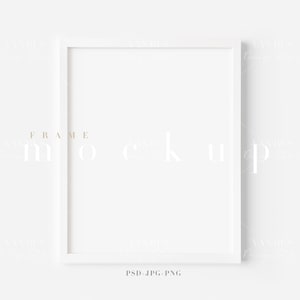 May include: A white picture frame mockup on a white background. The frame is square and has a thin white border. The text "FRAME MOCKUP" is written in a light brown font at the bottom of the image. The text "PSD - JPG - PNG" is written in a smaller font below the text "FRAME MOCKUP".