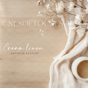 Artistic Background Mockup Image/Styled Flatlay Product Backdrop/Boho Digital Stock Image Table Display/Cream Linen/One Single JPG image/L66