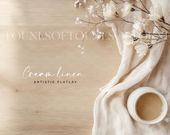 Boho Cream Linen Flatlay Mockup: Artistic Product Display (JPG Digital Download)