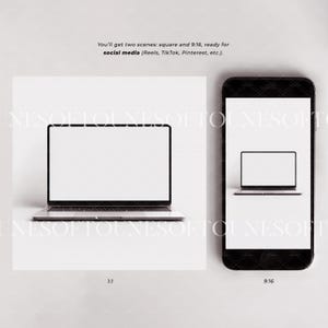 Może przedstawiać: Laptop i smartfon na białym tle. Ekran laptopa jest pusty. Smartfon wyświetla mniejszą wersję ekranu laptopa. Tekst: "You'll get two scenes: square and 9:16, ready for social media (Reels, TikTok, Pinterest, etc.)".