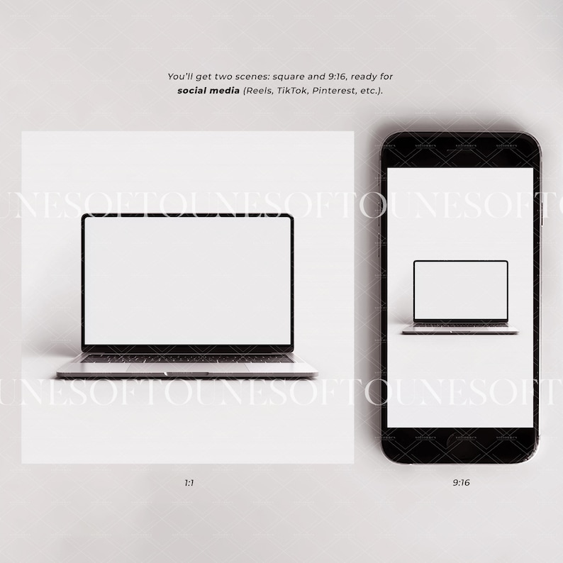 Może przedstawiać: Laptop i smartfon na białym tle. Ekran laptopa jest pusty. Smartfon wyświetla mniejszą wersję ekranu laptopa. Tekst: "You'll get two scenes: square and 9:16, ready for social media (Reels, TikTok, Pinterest, etc.)".