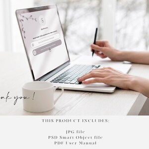 May include: A person using a laptop computer with a white background. The laptop screen shows a website with a search bar and the text "Sign In". The text "Thank you!" is written on the table in front of the laptop. The text "THIS PRODUCT INCLUDES: JPG file, PSD Smart Object file, PDF User Manual" is at the bottom of the image.