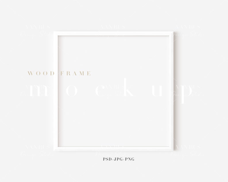 Puede incluir: Maqueta de marco de madera blanco con el texto "WOOD FRAME MOCKUP" en la parte superior y "PSD.JPG.PNG" en la parte inferior.