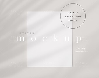 May include: A white poster mockup with a shadow overlay. The text "POSTER MOCKUP" is visible at the top of the poster. The text "CHANGE BACKGROUND COLOR" is visible in a circle at the top right of the image. The text "JPG - PSD Smart Object" is visible at the bottom right of the image.