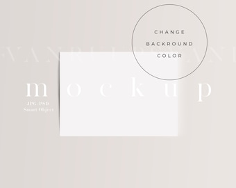 May include: A white card mockup with the word "mockup" in white text on a light beige background. The text "CHANGE BACKGROUND COLOR" is in a circle above the card.