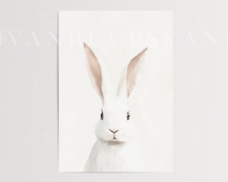 May include: A white rabbit with long ears and pink tips. The rabbit is looking directly at the viewer with a soft, gentle expression. The background is a simple white.