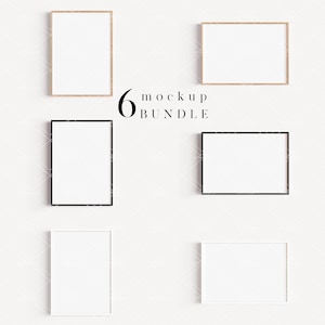 Puede incluir: Seis marcos de fotos en blanco con interiores blancos y varios estilos de marco, incluyendo marcos negros y de madera clara. Los marcos están dispuestos sobre un fondo neutro y texturizado. El número "6" y las palabras "mockup BUNDLE" están en la imagen.