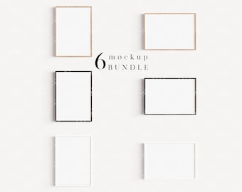 May include: Six blank picture frames with white interiors and various frame styles, including black and light wood. The frames are arranged on a neutral, textured background. The number "6" and the words "mockup BUNDLE" are in the image.