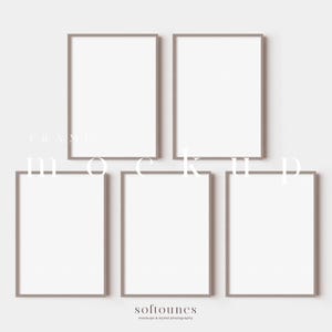 May include: Five rectangular picture frames with a light brown border are arranged on a white background. The frames are empty, with the text "FRAME MOCKUP" and "softounes" in the image.