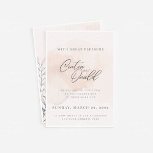 May include: A wedding invitation with a watercolor background in shades of pink and blue. The invitation reads "With great pleasure Cintia and Donald invite you to join them at the celebration of their marriage Sunday, March 22, 2022 at two thirty in the afternoon add your address here."
