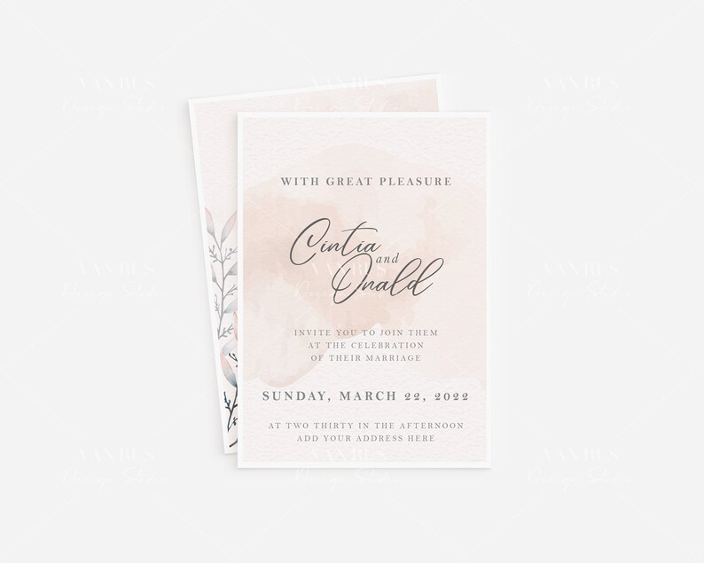 May include: A wedding invitation with a watercolor background in shades of pink and blue. The invitation reads "With great pleasure Cintia and Donald invite you to join them at the celebration of their marriage Sunday, March 22, 2022 at two thirty in the afternoon add your address here."