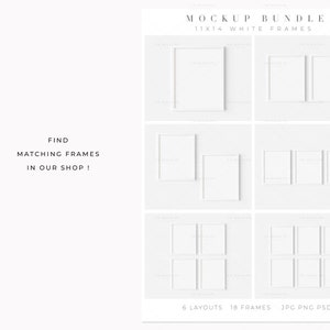 May include: Mockup bundle of 18 white frames in 6 different layouts. The frames are 11x14 inches and are perfect for displaying photos or artwork. Find matching frames in our shop!