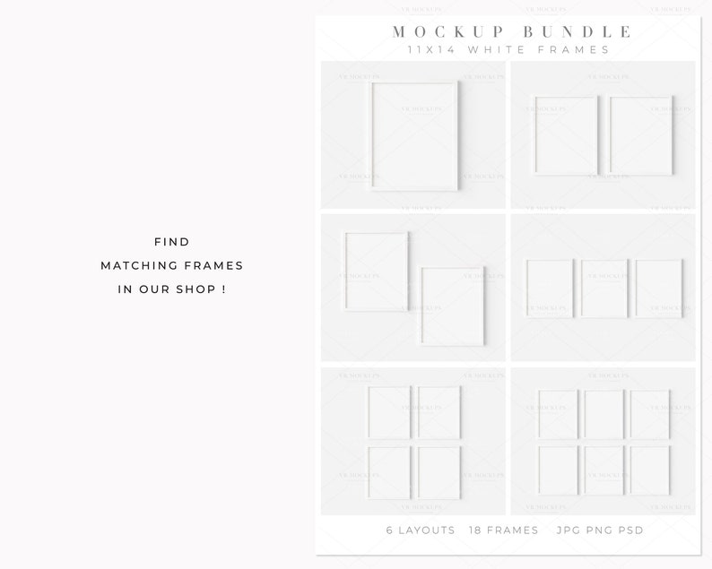 May include: Mockup bundle of 18 white frames in 6 different layouts. The frames are 11x14 inches and are perfect for displaying photos or artwork. Find matching frames in our shop!