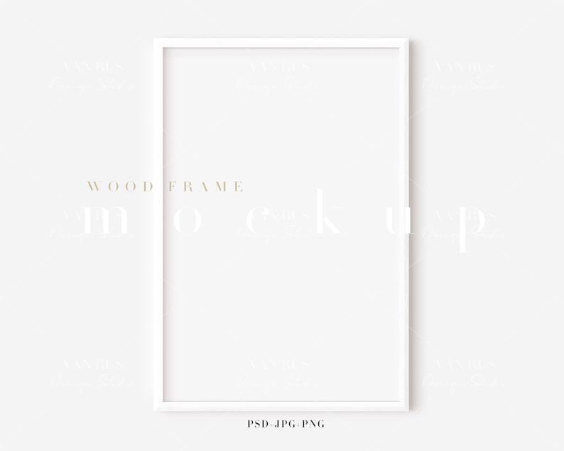May include: White wood frame mockup with the text "WOOD FRAME" and "PSD, JPG, PNG" at the bottom.