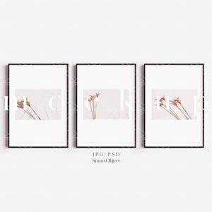 May include: Three framed art prints with black frames and white matting. Each print features a neutral-toned photograph of dried flowers. The frames are displayed against a white background, creating a minimalist aesthetic.
