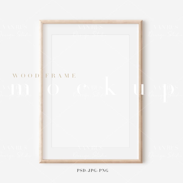 A4 houten frame mockup/moderne digitale mockup/minimalistische houten ingelijste kunstdisplay/eenvoudig verticaal frame met mat/PNG JPG PSD Smart Object/N177