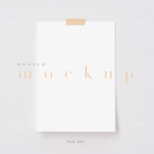 May include: A white poster mockup with the word "POSTER MOCKUP" printed in a light brown color at the top. The poster is taped to a white wall with a piece of brown tape.