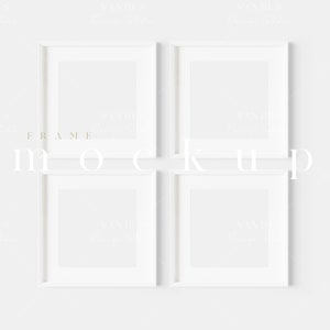 May include: Four white picture frames arranged in a square on a white wall. The frames are empty and ready for photos or artwork.