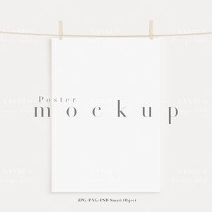 Maqueta de póster A3, A4/ Maqueta de calendario/ Maqueta de póster minimalista/ Maqueta de colgador de póster moderno con pinza de ropa/JPG PNG PSD Objeto inteligente/N157