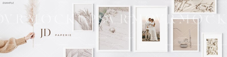 May include: A collection of framed prints with a minimalist aesthetic. The prints feature various natural elements, including dried grasses, plants, and a couple embracing in a desert landscape. The frames are white and have a simple design.