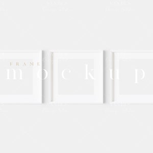 Puede incluir: Tres marcos de fotos blancos sobre un fondo blanco. Los marcos están dispuestos horizontalmente. El texto "FRAME MOCKUP" es visible en el marco superior izquierdo.