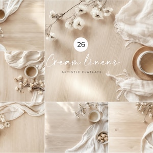 26 Flatlay Styled Photos Mockup Bundle/Artistic Boho Backdrop Product Background/Digital Stock Image Table/Cream Neutral Linens/JPG/L61