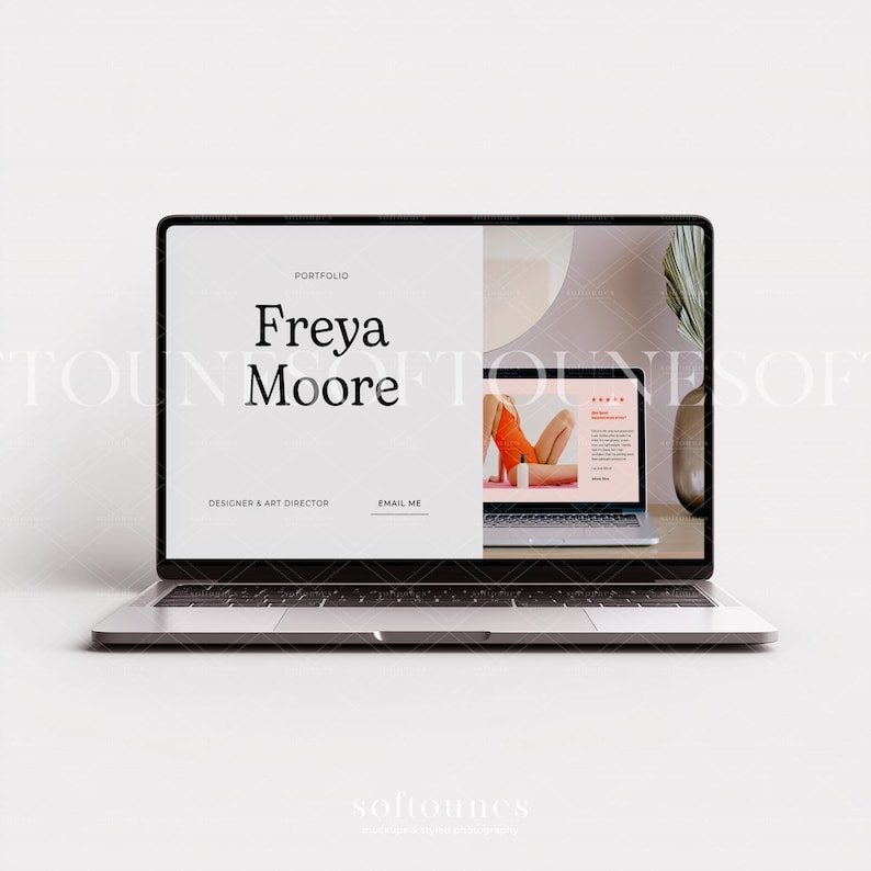 Może przedstawiać: Laptop wyświetlający stronę portfolio. Na ekranie widnieje imię i nazwisko "Freya Moore" pogrubioną czcionką, a pod nim "Designer & Art Director". Mniejszy ekran pokazuje osobę w pomarańczowych ubraniach.