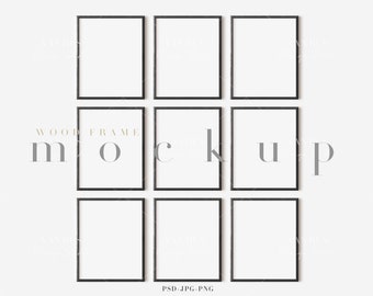 May include: A mockup of eight black picture frames arranged in a grid pattern on a white wall. The frames are empty and ready for your photos or artwork.  The text "WOOD FRAME MOCKUP" is printed in gray below the frames.
