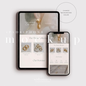 May include: A mockup featuring an iPad and iPhone displaying a website for "The Theia Collection." The website showcases gold earrings and the text "Upcoming Collection" and "Our Promise." The background is a soft, neutral color.