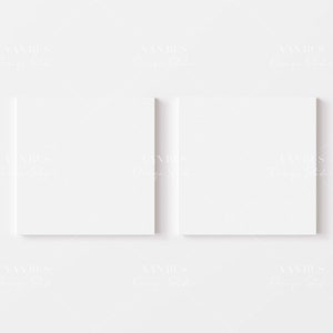 Puede incluir: Dos lienzos blancos en blanco est&aacute;n montados en una pared blanca. Los lienzos son cuadrados y tienen una superficie texturizada.
