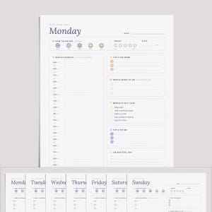以下が含まれることがあります： Mondayと記されたデイリープランナーのページ。気分、エネルギー、睡眠の記録、午前5時から午後9時までのスケジュール、仕事の優先順位トップ3、タスク、休憩とセルフケア、感謝のセクションで構成されています。