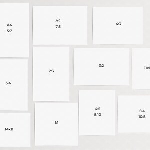 May include: Arrangement of white rectangular paper prints with various aspect ratios, including A4, 3:4, 2:3, 3:2, 11x14, 4:5, 5:4, and 1:1. Each print has text indicating its size and ratio. The prints are arranged on a light-colored surface.