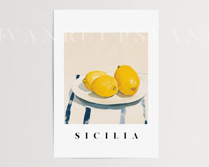 May include: Three yellow lemons on a white plate with a blue and white striped tablecloth. The text "SICILIA" is printed below the plate.