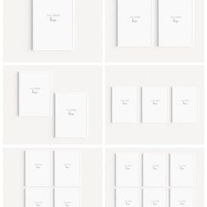 Op de afbeelding: Een mockup-bundel met 18 witte frames op een lichtgrijze achtergrond. De frames zijn gerangschikt in zes verschillende lay-outs, waarbij elk frame de tekst "your design here" weergeeft.