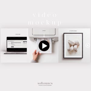 Puede incluir: Una maqueta de vídeo con el texto "video mockup". La imagen muestra un portátil, una impresora con un botón de reproducción y una impresión enmarcada. Los pasos están etiquetados: Descargar, Imprimir y Enmarcar y Disfrutar!